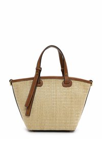Borsa in paglia intrecciata beige con bordi in pelle marrone, doppio manico superiore e tracolla staccabile. Presenta una forma strutturata e hardware dorato.