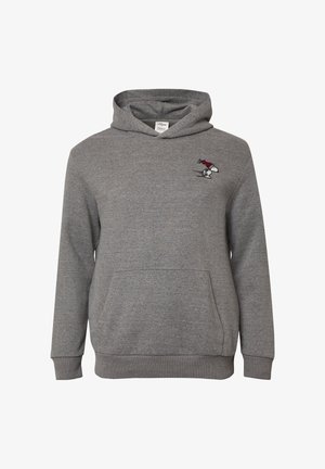 Grijze hoodie gemaakt van zachte stof, met een zak aan de voorkant en een geborduurd Snoopy-ontwerp op de linkerborst. Verstelbare capuchon met trekkoord.