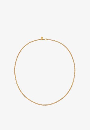 Halskette aus goldfarbenem Metall mit feiner, glatter Textur. Verfügt über einen dezenten Verschluss und ein minimalistisches Design, das sich gut zum Layering eignet.