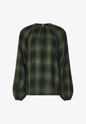 Groene geruite blouse met een relaxte pasvorm, hoge hals, lange pofmouwen en een sluiting met sleutelgat aan de achterkant. Bevat zwarte en donkergroene patronen.