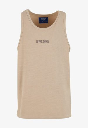 Beige bomulds tanktop med et struktureret vaffelmønster og et lille, gråt "PQS" logo på fronten. Rund halsudskæring og ærmeløs design.