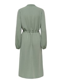 Langarmige saliegroene jurk met een getailleerde taille en subtiel gestructureerde stof, gezien vanaf de achterkant.