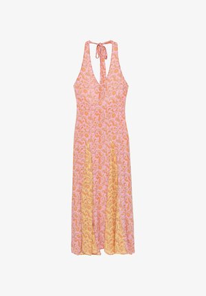 Robe longue sans manches à col halter avec motif floral cachemire rose et orange et fermeture à nouer à l'arrière du cou.