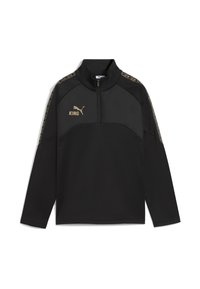 Cazadora negra de pullover con un cuello alto y media cremallera, que presenta un logo dorado de "KING" y acentos estampados en los hombros. Textura suave.