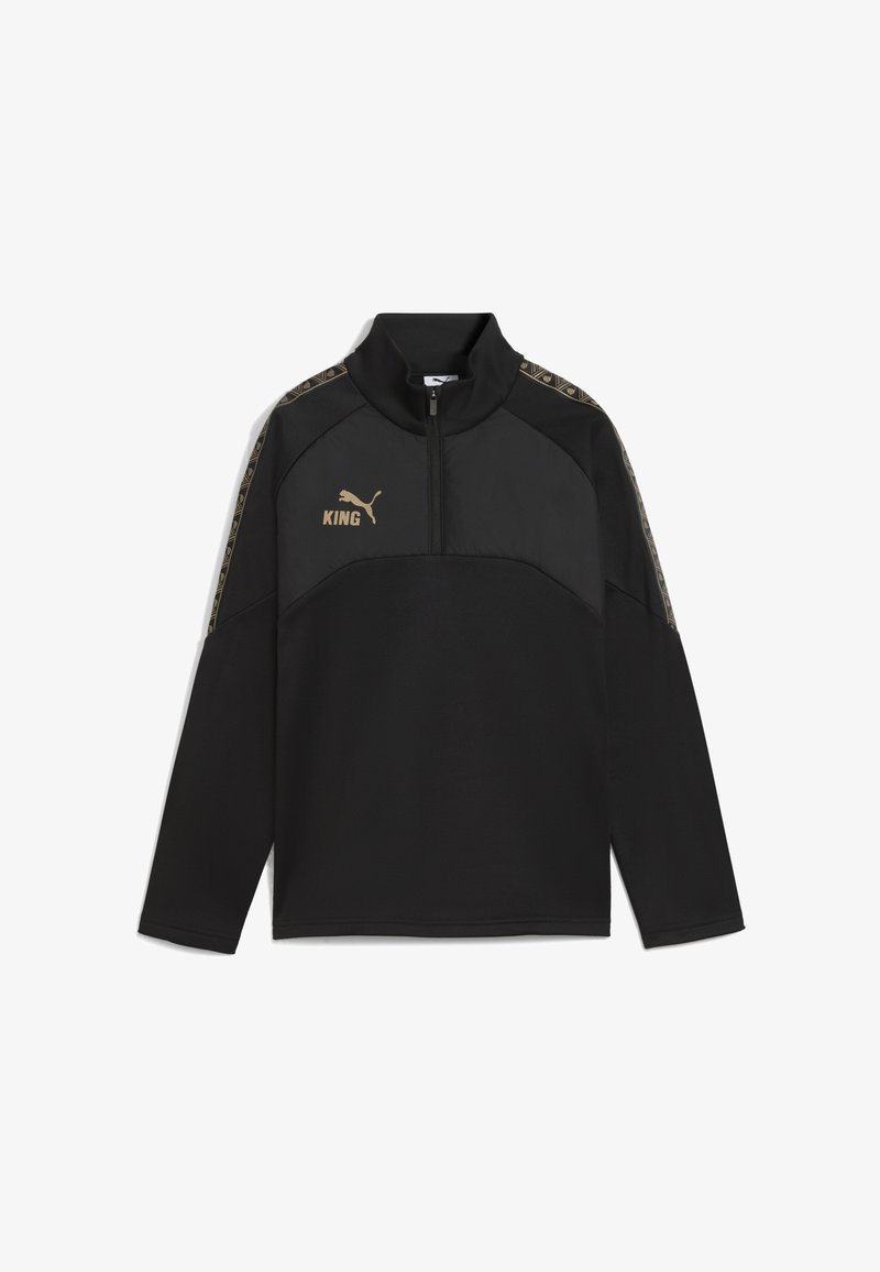 Černá mikina s vysokým límcem a polo zipem, zdobená zlatým logem "KING" a vzorovanými detaily na ramenou. Měkká textura.
