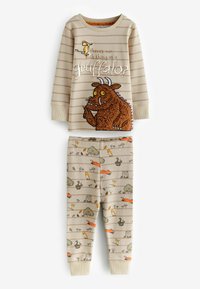 Ensemble de pyjama pour enfants avec un haut rayé beige présentant un personnage Gruffalo en texture peluche. Le bas est beige avec des illustrations d'animaux et des accents orange.