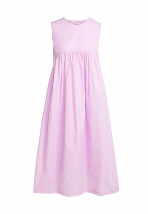 Abito senza maniche di un delicato rosa chiaro con scollo rotondo, vita arricciata e gonna fluida. Realizzato in tessuto morbido, presenta una chiusura con bottoni sul retro.