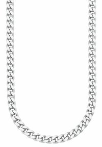 Collana in argento con grossi anelli intrecciati. Superficie liscia e lucida, caratterizzata da un design ad anello ovale.