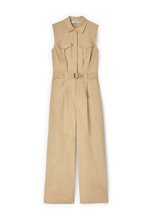Mouwloze beige jumpsuit met kraag, knopen aan de voorkant, twee borstflappenzakken, wijde pijpen en bijpassende riem met ronde gesp.