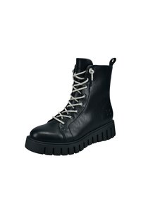 Stivali ankle in pelle nera con lacci argentati, punta rotonda e suola nera spessa e sagomata. Presenta un passante sul retro.