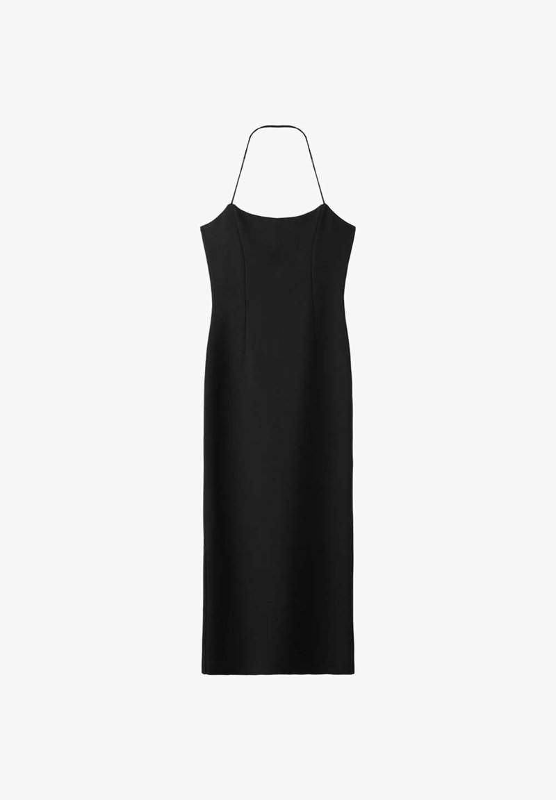 Robe midi noire sans manches avec fines bretelles halter et une silhouette droite et ajustée.