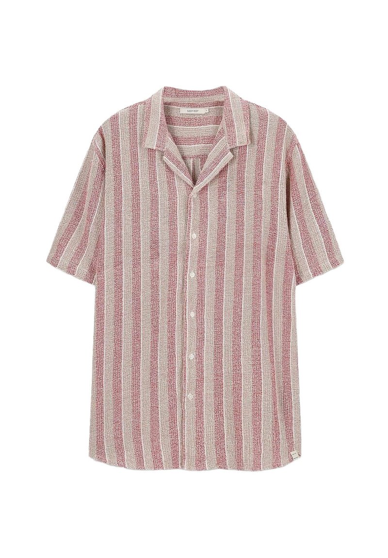 Korte mouw button-up shirt met een gestructureerde stof met afwisselende rode en roomkleurige verticale strepen. Opvallende kraag en knopen.