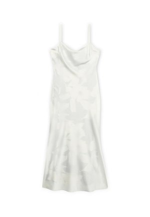 Weißes Satinkleid mit dünnen Trägern und einem dezenten Blumenmuster, mit einem taillierten Oberteil und ausgestelltem Saum.