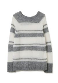 Grau-weißer gestreifter Pullover mit Rundhalsausschnitt, weichem Material und gerippten Bündchen. Verfügt über horizontale Streifen in unterschiedlichen Breiten.