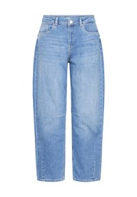 Svetlomodré riflové nohavice s rovnými nohavicami, štyrmi vreckami a zapínaním na gombík. Má jemné vyblednutie a švy.