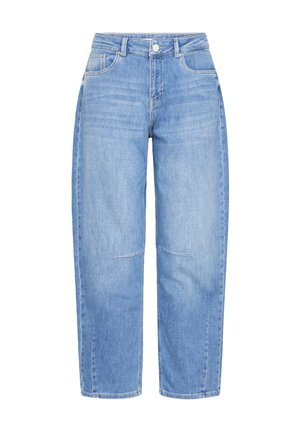 Lichtblauwe spijkerbroek met een rechte pijp, vier zakken en een knoopsluiting. Voorzien van subtiele vervaging en stikseldetails.