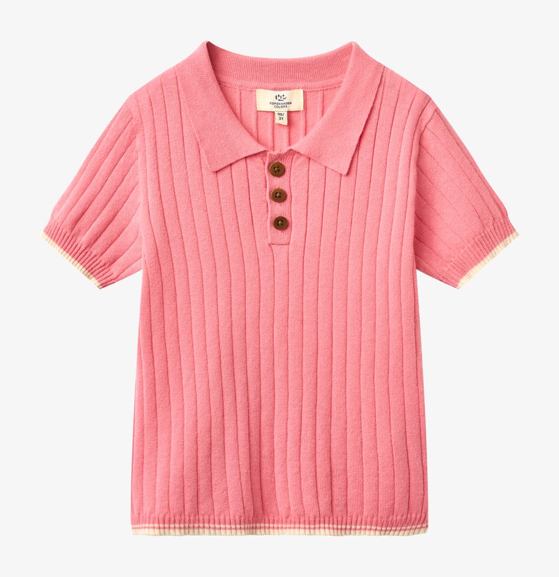 Rozā ribota īsroku polo krekls ar trim brūnām pogām un krēmkrāsas apdari piedurkņu galiem un apakšmalai, izmērs 3 gadi.