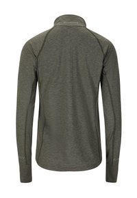 Langærmet, olivengrøn atletisk top med høj krave og synlige sømlinjer, teksten "ENDURANCE" på øvre ryg.