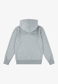 Sudadera gris hecha de material de forro polar suave, con una gran capucha, puños y dobladillo acanalados. La textura es lisa con un acabado de color sólido.