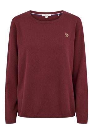 Bordeaux pullover trui, lange mouwen, rond de hals, ribgebreide boorden, zachte stof met klein geborduurd logo accent op de borst.