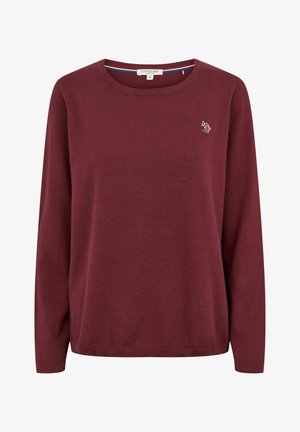 Burgundski pulover s dolgimi rokavi, okroglo izrezan, rebrasti manšeti, mehak material z majhnim vezenim logotipom na prsih.