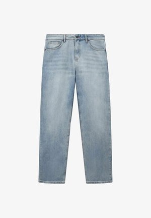 Lichtblauwe denim jeans met een rechte snit, vijf zakken en een tailleband met een knoop- en ritsluiting.