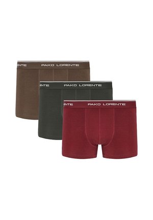 Trzy zestawy męskich bokserów w kolorze brązowym, ciemnozielonym i burgundowym. Miękka tkanina z markowym, elastycznym pasem w kolorze białym.