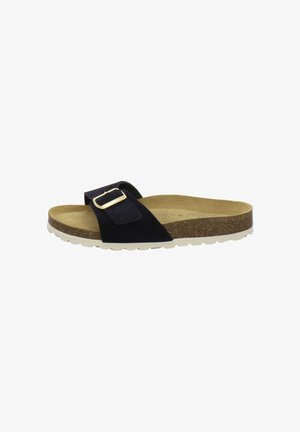 Black slide sandal with a single adjustable strap and gold buckle, cork footbed, and light-colored rubber sole.