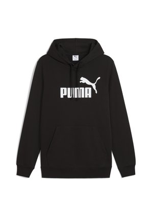 Musta huppari pehmeästä kankaasta, jossa on etutasku, ribattu hihansuut ja suuri valkoinen "PUMA"-logo, jossa on hyppivä kissapainatus.