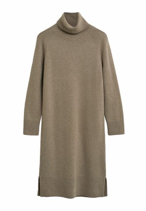 Knit turtleneck dress in taupe, featuring long sleeves, ribbed neck, side slits, and a soft texture. Simple design with no patterns or accents.