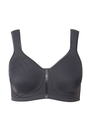 Reggiseno nero in tessuto liscio con spalline larghe, scollatura a U e un dettaglio centrale sottile e lucido. Presenta coppe senza cuciture per un supporto ottimale.