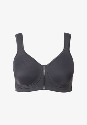 Sort bh lavet af blødt stof med brede stropper, en U-formet halsudskæring og en slank, skinnende midterdetalje. Har sømløse skåle for støtte.