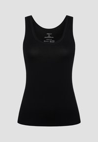 Zwarte tanktop, mouwloos ontwerp, gemaakt van zachte stof, heeft een ronde halslijn, rechte zoom en een gladde, lichte textuur.