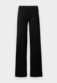Black wide-leg pants made of smooth, stretchy fabric with a seamless elastic waistband and no visible pockets or embellishments.