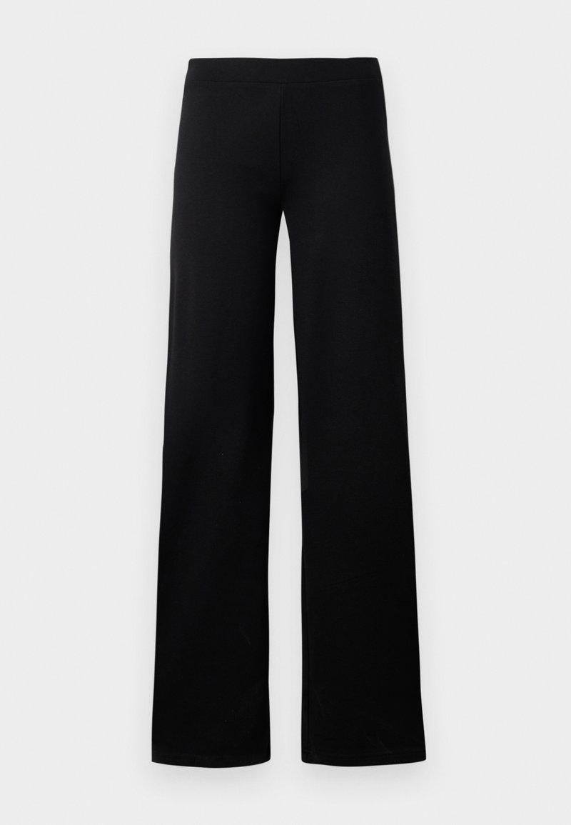Pantaloni neri a gamba larga realizzati in tessuto morbido e elastico, con una vita elastica senza cuciture e senza tasche o decorazioni visibili.