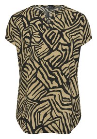 Top maniche corte beige con motivi astratti neri, caratterizzato da un design a scollo a V e un orlo leggermente curvo. Tessuto texture con una vestibilità morbida.