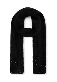 Sciarpa nera lavorata a maglia con una texture a coste, caratterizzata da elementi decorativi riflettenti sparsi. Le estremità sono rifinite in modo pulito, senza sfrangiature.