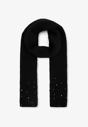 Zwarte gebreide sjaal met een geribbelde textuur, voorzien van verspreide reflecterende versieringen. De uiteinden zijn netjes afgewerkt zonder uitrafeling.
