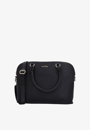 Black leather handbag with dual top handles, adjustable shoulder strap, and gold-tone hardware, featuring a small gold logo on front center.