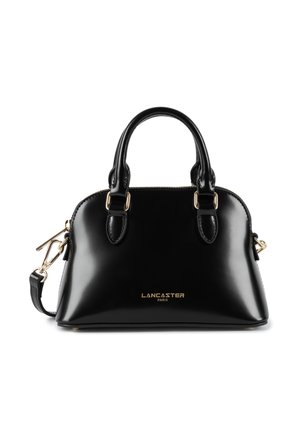 Borsa a spalla nera in pelle con una forma strutturata, doppi manici superiori e una tracolla rimovibile. Dettagli in hardware dorato e logo.