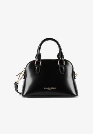 Borsa a spalla nera in pelle con una forma strutturata, doppi manici superiori e una tracolla rimovibile. Dettagli in hardware dorato e logo.