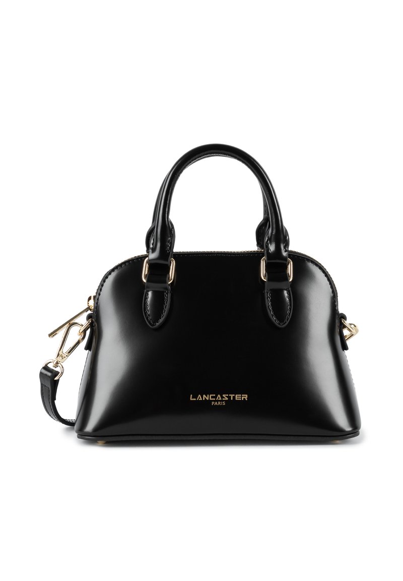 Borsa a spalla nera in pelle con una forma strutturata, doppi manici superiori e una tracolla rimovibile. Dettagli in hardware dorato e logo.