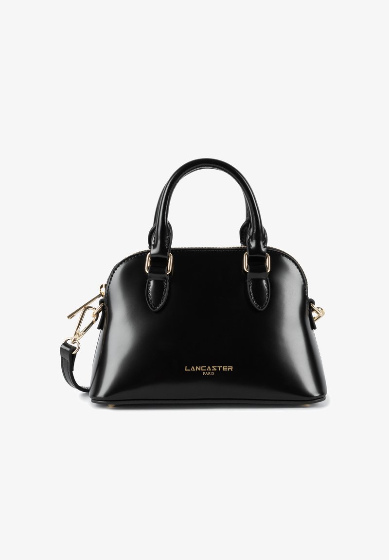 Borsa a spalla nera in pelle con una forma strutturata, doppi manici superiori e una tracolla rimovibile. Dettagli in hardware dorato e logo.