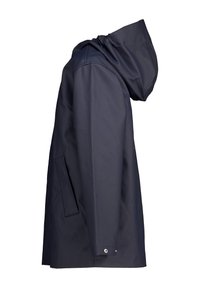 Veste imperméable bleu marine foncé avec capuche, dotée d'une poche latérale, texture lisse et design droit.