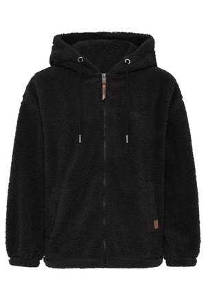 Czarna polarowa bluza z kapturem na zamek, o miękkiej teksturze, z regulowanymi sznurkami i kieszeniami z przodu. Posiada tonowy skórzany metek z boku.