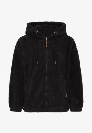 Czarna polarowa bluza z kapturem na zamek, o miękkiej teksturze, z regulowanymi sznurkami i kieszeniami z przodu. Posiada tonowy skórzany metek z boku.