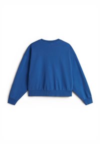 Sweat-shirt bleu uni à manches longues avec poignets, ourlet et col côtelés, présenté de dos sur un fond blanc.