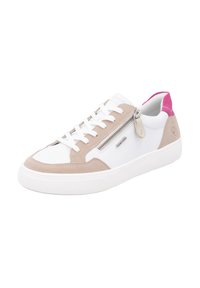 White sneaker with beige suede accents, pink heel, and side zipper detail. Lace-up design with a textured rubber sole.