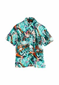 Camisa de manga corta en color azul verdoso con vibrantes patrones de estilo graffiti en blanco, naranja y rosa. Tejido suave con un corte relajado.
