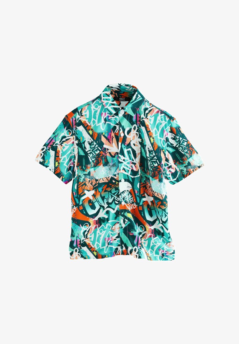 Short-sleeve button-up shirt with colorful graffiti-style abstract patterns in teal, orange, white, and black on a white background.